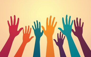 Different color human hands greeting and waving, party, sales concept for advertising. Colorful vector illustration. High quality