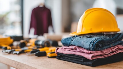 Fototapeta premium Industrial workshop scene featuring a yellow safety helmet resting on neatly folded jeans and textiles on a workbench with scattered tools and a blurred background of work attire
