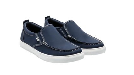 Pair of casual navy blue slip on shoes with white soles displayed against a black background