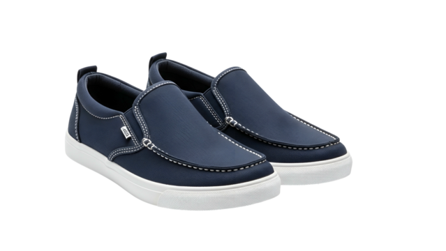 Pair of casual navy blue slip on shoes with white soles displayed against a black background
