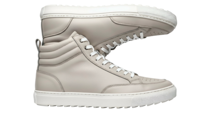 Upscale leather high top athletic footwear displayed against a dark background