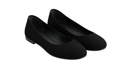 Pair of simple black flat ballet shoes displayed against a solid dark background