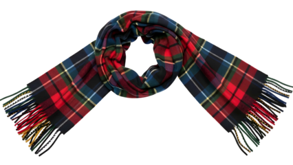 Woven fabric accessory featuring a traditional tartan pattern is draped across a dark background