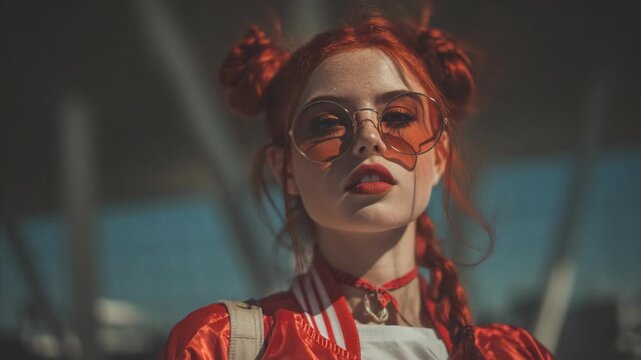 pretty Caucasian fashionista woman with red hair and jacket dramatic light outdoor at urban city
