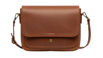 Rectangular satchel style shoulder bag crafted from smooth brown leather is isolated on a black background.