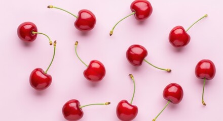 Fresh red cherries arranged on a soft pink background create a vibrant and appealing contrast for summer sweets