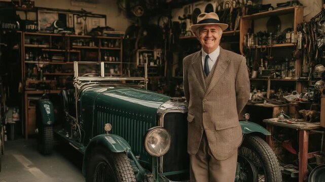 smiling middle age Caucasian man with his beautiful retro vintage  sport car
