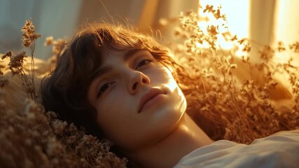 A young boy lies peacefully in a field, embraced by soft natural light. The tranquil atmosphere and blooming flowers create a serene escape from daily life.