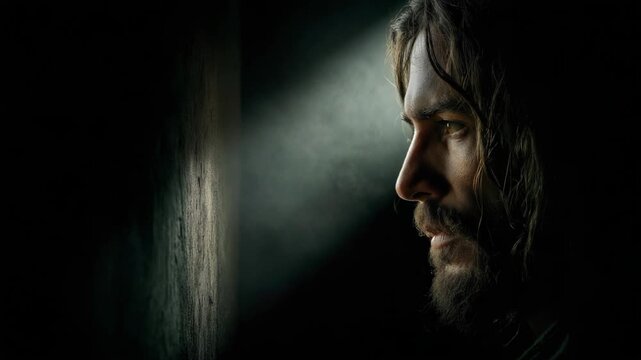 close up Jesus Christ face with dramatic light ray in dark room 