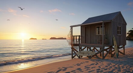 Obraz premium Beach shack with surfboards at sunset ocean coast