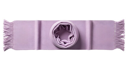 Single lavender colored fabric accessory featuring rolled center and fringed edges presented on a black background