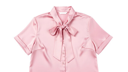 Elegant short sleeved pink blouse featuring a tied neck bow is displayed against a dark background.