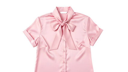 Elegant pink satin short sleeve top features a prominent neck bow detail
