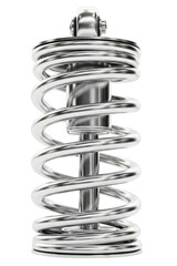 Shiny chrome car suspension shock absorber with metal coil spring isolated on transparent background