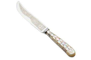 Antique silver fish knife with engraved blade and pearl handle isolated on transparent background