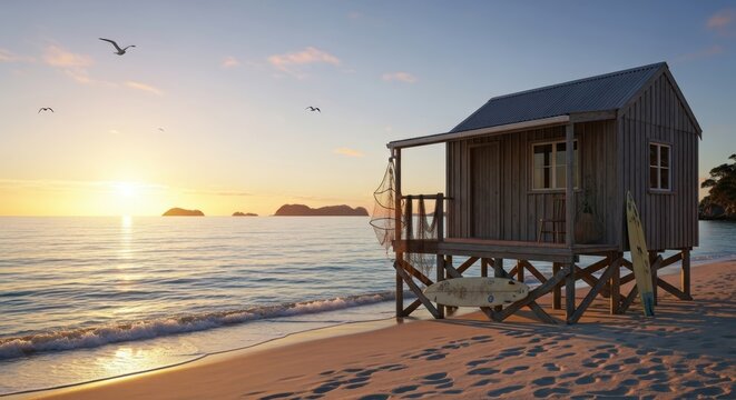 Beach shack with surfboards at sunset ocean coast