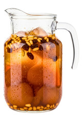 Glass pitcher of iced tea with apricots, raisins, and pine nuts isolated on transparent background