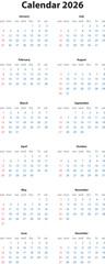 Calendar Year 2026 Showing All Twelve Months For Planning And Scheduling Activities Throughout The Year