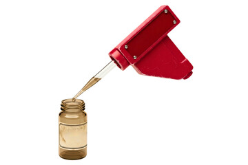 Red mechanical pipette dropping liquid into a small glass vial isolated on transparent background