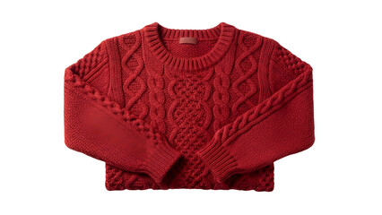 Vibrant red knitted garment featuring intricate cable patterns and smooth elbow patches is isolated on a stark black background