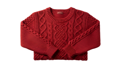Vibrant red knitted garment featuring intricate cable patterns and smooth elbow patches is isolated on a stark black background