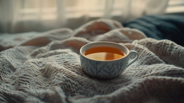 Cozy moment with steaming tea on a soft blanket in a warm bedroom during a peaceful morning