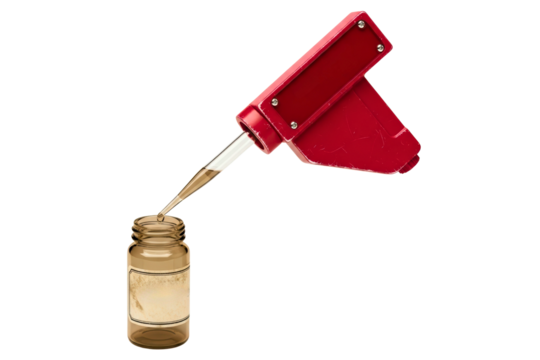 Red mechanical pipette dropping liquid into a small glass vial isolated on transparent background