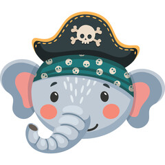 Cute Elephant Head Wearing a Pirate Hat and Bandana with Skull and Crossbones Illustration