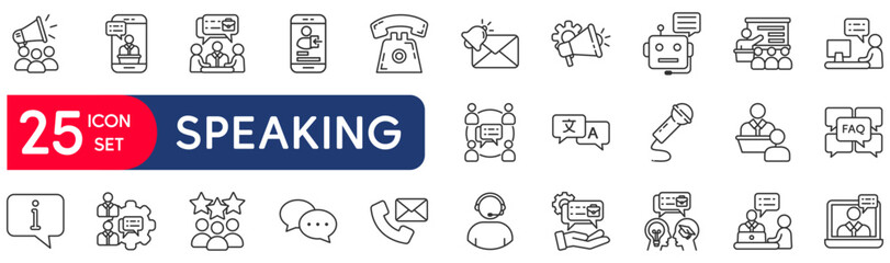 Speaking set of web icons in line style. vector illustration concept relate to speaking, person, head, symbol, mouth, people, pictogram, bubble, human, phone