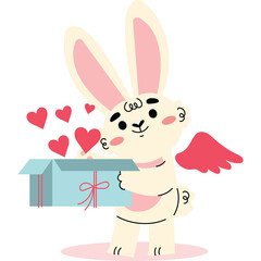 Cute Fluffy Bunny Rabbit Angel Holding a Gift Box Full of Pink Hearts on a Transparent Background Celebrating Love and Valentine's Day