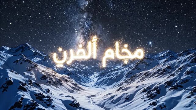 Majestic snowy mountain range under a starry sky, celestial text glows amidst the peaks