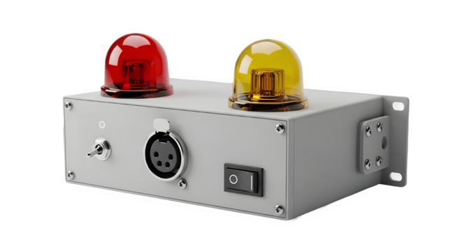 Broadcast studio tally light warning box with red and yellow beacons isolated on white background