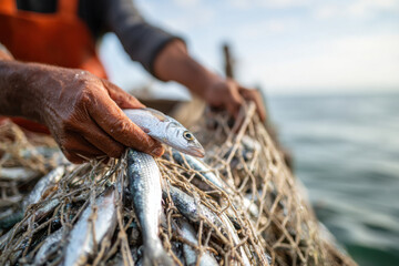 Obraz premium Fisherman pulling a net full of fish from the sea
