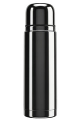 Black stainless steel insulated travel thermos for hot drinks isolated on transparent background