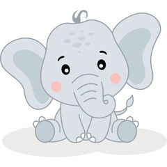 Fototapeta premium Cute Gray Baby Elephant Sitting Front View Adorable Cartoon Style Transparent Background Detailed Eyes Pink Cheeks Playful Tail Soft Lighting