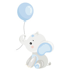 Cute Gray Baby Elephant With Blue Balloon And Stars On Transparent Background For Children