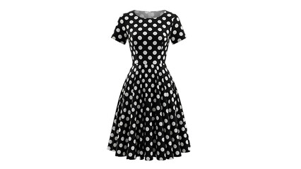 Classic short sleeve dress featuring a prominent white polka dot pattern on black fabric displayed against a solid dark background