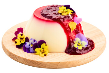 Panna cotta dessert with berry jam and edible pansy flowers isolated on transparent background