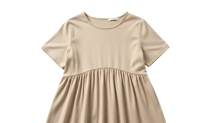Simple beige short sleeve garment displays gathered skirt portion against black background
