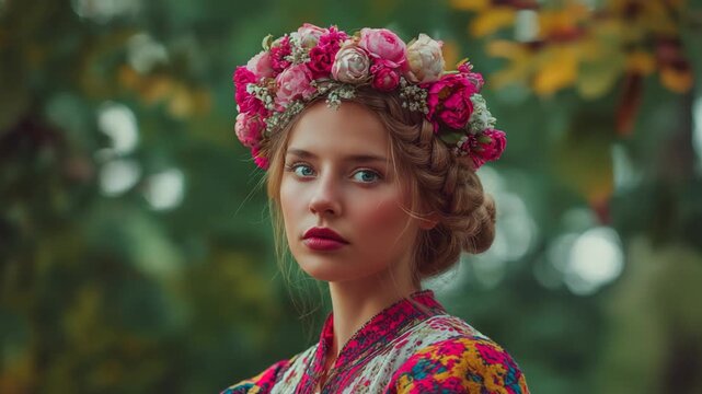 beautiful Ukrainian woman in traditional attire with flower headdress 