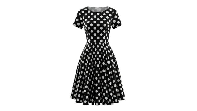 Classic short sleeve dress featuring a prominent white polka dot pattern on black fabric displayed against a solid dark background - Powered by Adobe