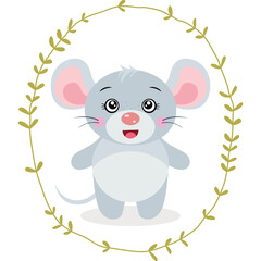 Cute Gray Cartoon Mouse Standing Inside a Whimsical Floral Wreath with Big Eyes and Pink Cheeks on a Transparent Background