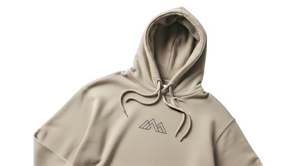Close up view showcases a beige hooded sweatshirt featuring a minimalist line art mountain graphic