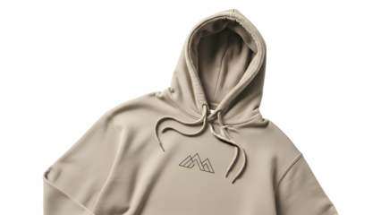 Close up view showcases a beige hooded sweatshirt featuring a minimalist line art mountain graphic