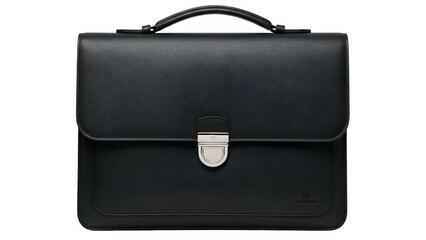 Professional leather briefcase with silver tone hardware centered on a solid black background