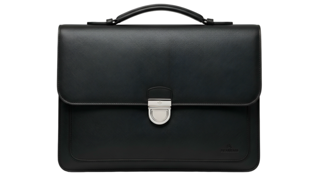 Professional leather briefcase with silver tone hardware centered on a solid black background