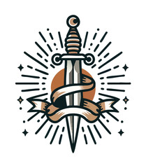 Vintage Sword with Flowing Ribbon and Radiant Sunburst