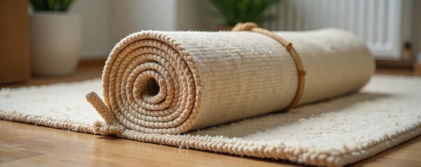 A rolled-up carpet secured with rope, ready for transport during a house move Perfect for depicting relocation, home improvement, or moving services , floor covering, house move, packing