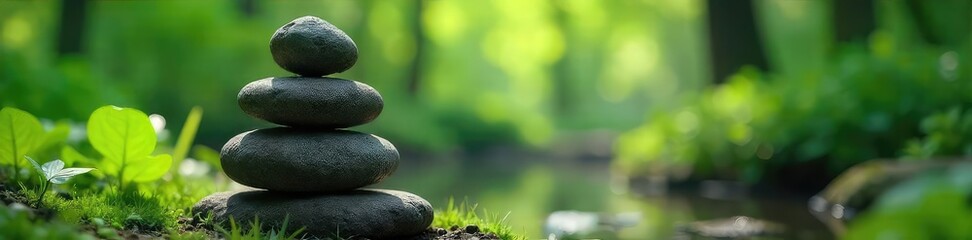 A serene scene of a stone statue representing balance and harmony, nestled amidst lush greenery Perfect for concepts of inner peace, zen, masculinity, and equilibrium , stillness, equilibrium