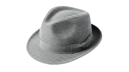 Woven light gray fedora style headwear rests against a solid black background